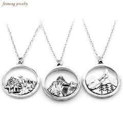 2017 New Lovely Round Pendant Pine Tree Charm Under the Mountain Necklace Camping Jewelry Outdoor Jewelry Gifts for Campers